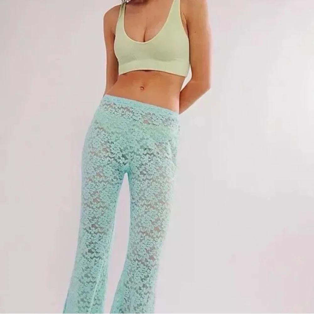Free People All Day Lace Flare Pants Turquoise Blue Large